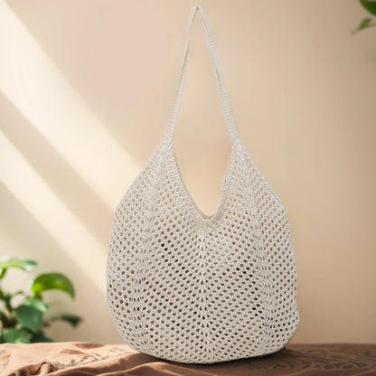 Women Knitting Shoulder Bag Solid Color Hollow Summer Bag Large Capacity Knitted Tote Handbag Ladies Daily Handbag