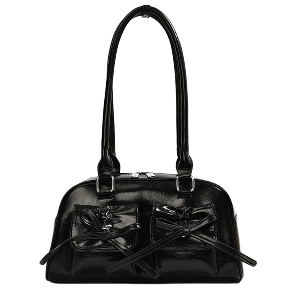 Women Trendy Handbags Double Pockets PU Leather Stylish Underarm Bag with Bow Casual Armpit Bag Solid Color for Travel Vacation