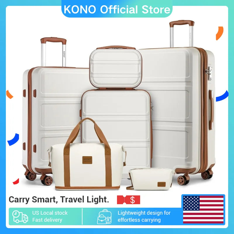 Kono 6-Piece Luggage Set, Lightweight ABS Hard Shell with TSA Lock, 20" 24" 28" Suitcases, Beauty Case, Duffel & Toiletry