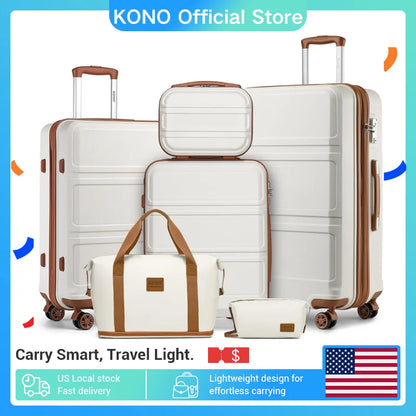 Kono 6-Piece Luggage Set, Lightweight ABS Hard Shell with TSA Lock, 20" 24" 28" Suitcases, Beauty Case, Duffel & Toiletry