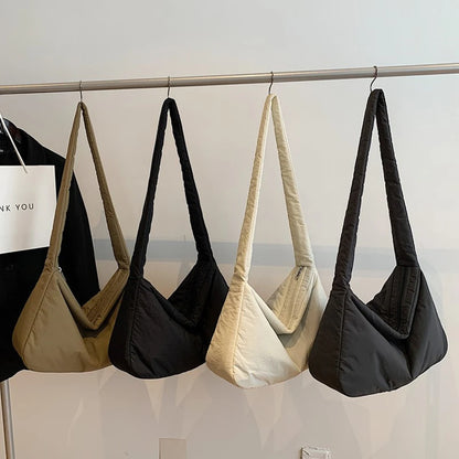 Women Nylon Puffer Tote Bag with Inner Pocket Shoulder Bag Solid Color Large Puffy Purse Hobo Bag for Work Travel