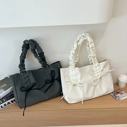 Women Nylon Tote Bag Fashion Shoulder Bag Solid Color with Bow Stylish Crossbody Bag Pleated Shoulder Strap Daily Sling Bag