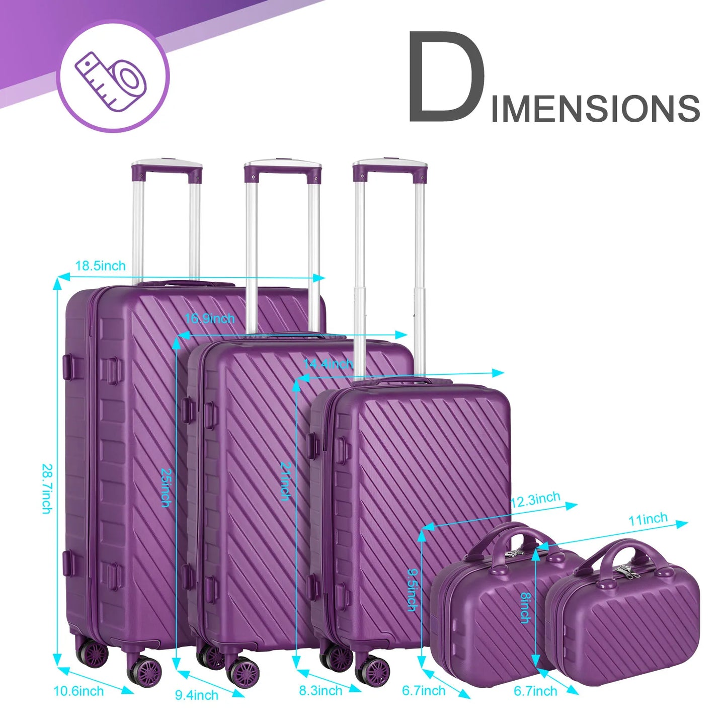 5-Piece ABS Hardshell Luggage Set with TSA Lock & Cosmetic Bag - 360° Spinner Wheels Carry-On/Check-In for Travel, Purple