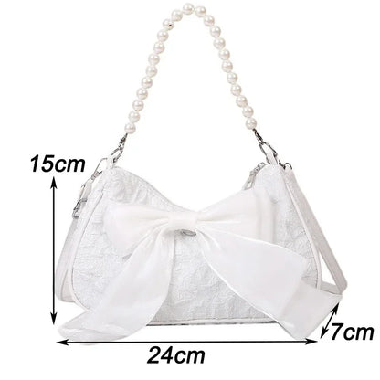 White Pleated Pearl Female Bag Vintage Luxury Designer Handbag Cute Bow Shoulder Bag Fashion Y2K Vintage Women's Purse Versatile