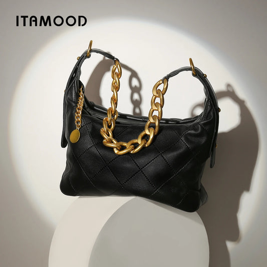 ITAMOOD Genuine Leather Shoulder Bag for Christmas Gift Luxury Branded Quilted Tote Crossbody Bag With Gold Color Chain Strap