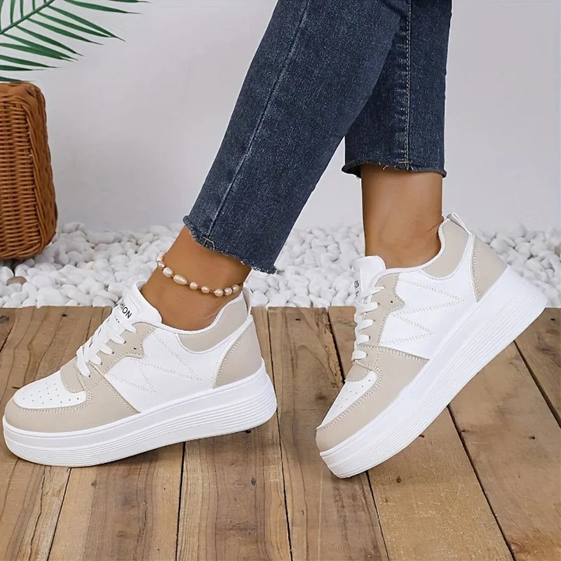 2025 New Women's Fashion Thick-Soled White Sneakers, Casual Lace-Up Outdoor Versatile Height-Increasing Board Shoes, Comfortable