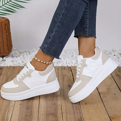 2025 New Women's Fashion Thick-Soled White Sneakers, Casual Lace-Up Outdoor Versatile Height-Increasing Board Shoes, Comfortable