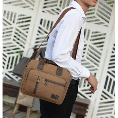 Men's Canvas Travel Handbag Large Capacity Multi-layer Crossbody Shoulder Bag Student Leisure Tote with Top-Handle
