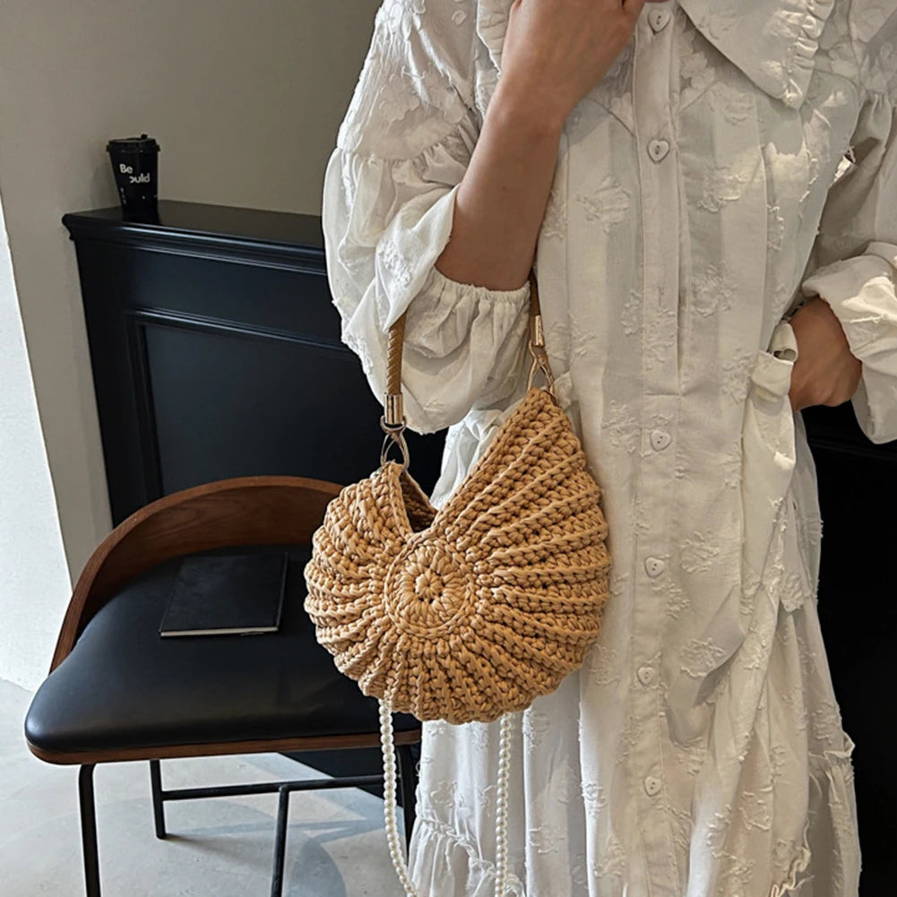 Handwoven Seashell Women Beach Shoulder Bag Solid Color Pearls Chain Crossbody Bag Multifunctional Novelty Small Handbags
