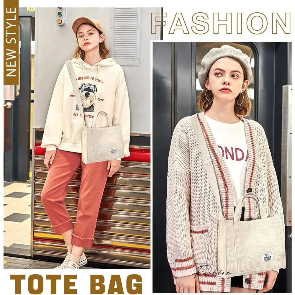 Corduroy Tote Bag for Women Small Satchel Bag Mini Tote Bag Aesthetic Crossbody Handbag - School Work Travel Shopping