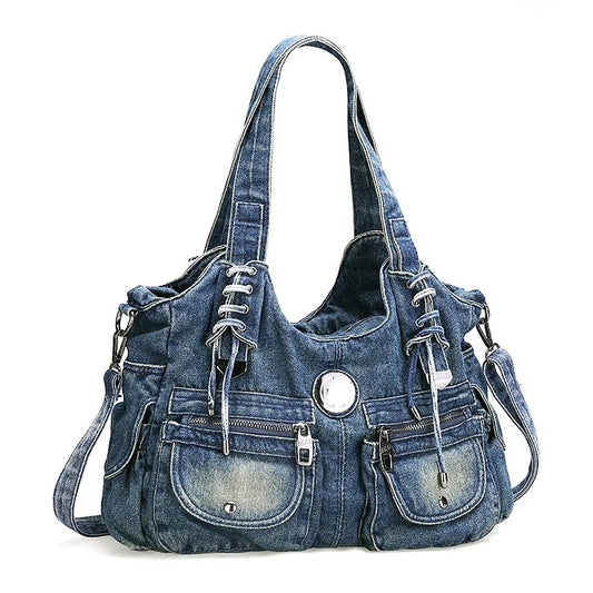 Large Capacity Handbag Casual Hobo Denim Bag Women Shoulder Bag Jeans Multiple Pockets Tote Bag