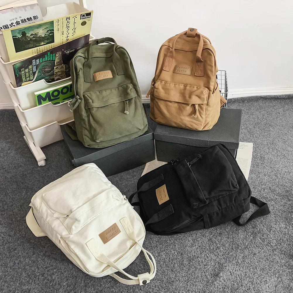 Casual College Students Backpack Cotton Canvas Traveling Commuting Backpacks Large Capacity Solid Color Fashion Knapsack