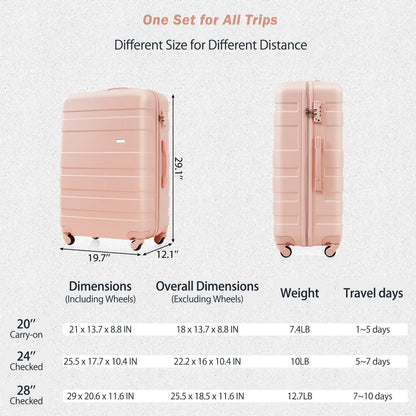 Luggage Sets 4 Piece ABS Durable Suitcase with Travel Bag Carry on Luggage Suitcase Set with 360° Spinner Wheels Pink