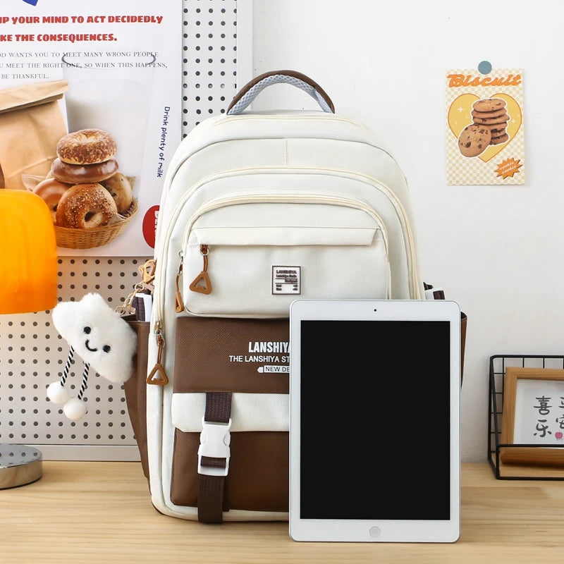 5pcs solid color backpack set, large capacity backpack, simple handbag and coin purse, casual crossbody bag, pencil case handbag