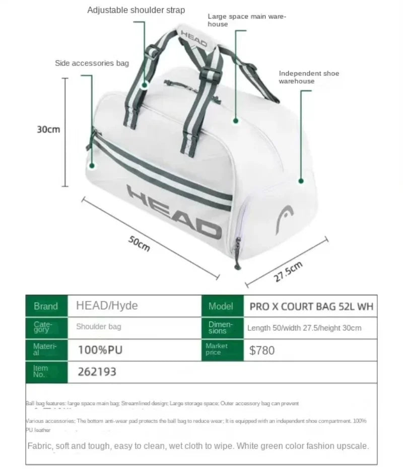 HEAD Tennis Backpack Djokovic Signed Single Shoulder Tennis Handbag Large-capacity Duffel Bag With Independent Shoe Compartment