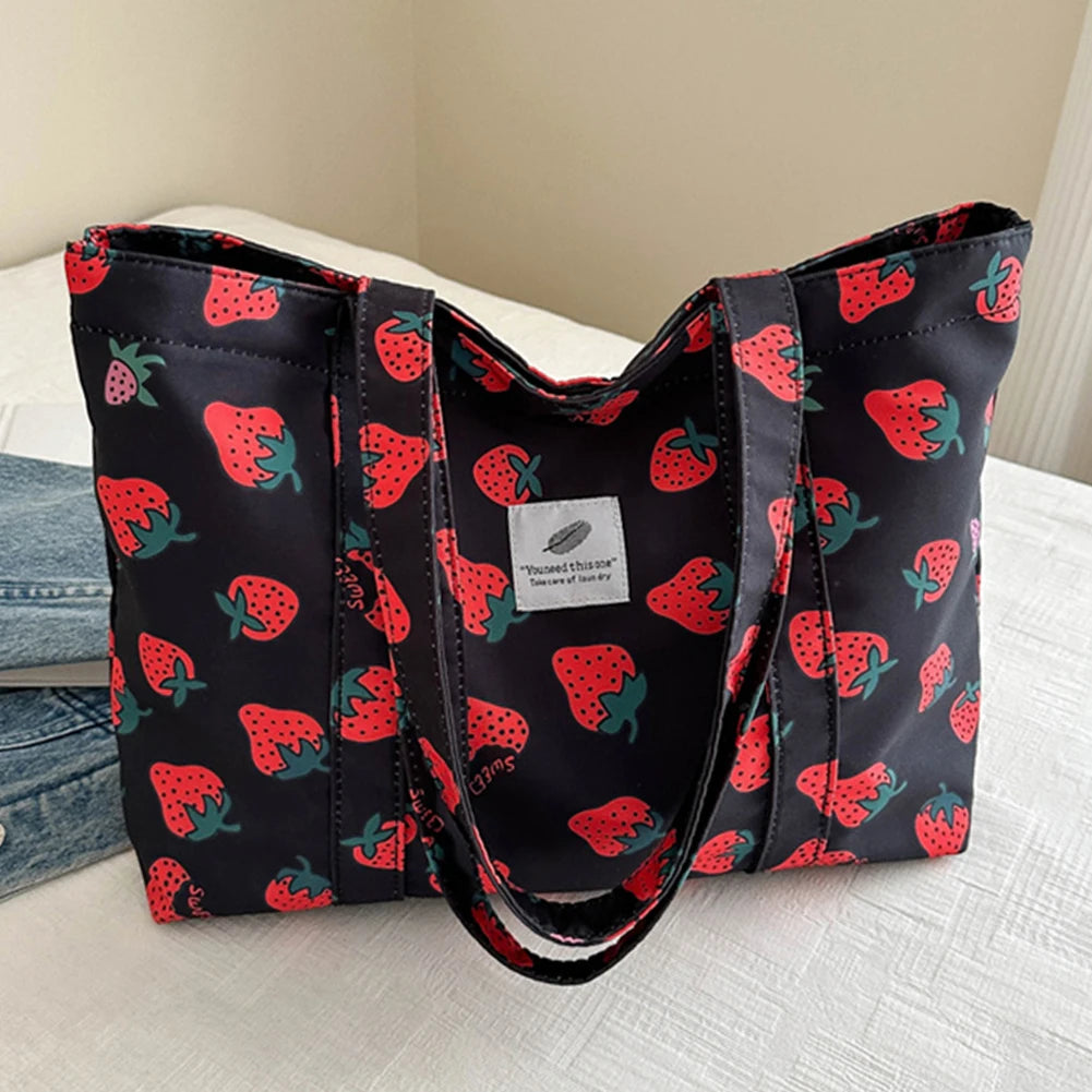 Cute Cherry Strawberry Print Casual Tote Bag Large Capacity Shoulder Purse Nylon Top Handle Bag Grocery Bag for Women