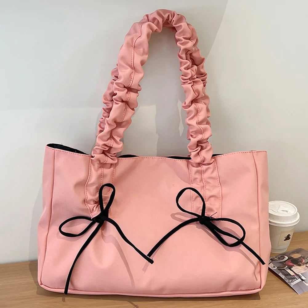 Women Nylon Tote Bag Fashion Shoulder Bag Solid Color with Bow Stylish Crossbody Bag Pleated Shoulder Strap Daily Sling Bag