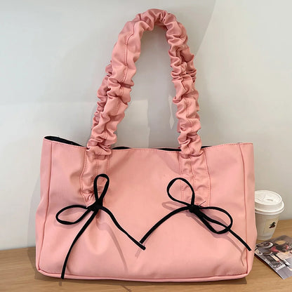 Women Nylon Tote Bag Fashion Shoulder Bag Solid Color with Bow Stylish Crossbody Bag Pleated Shoulder Strap Daily Sling Bag