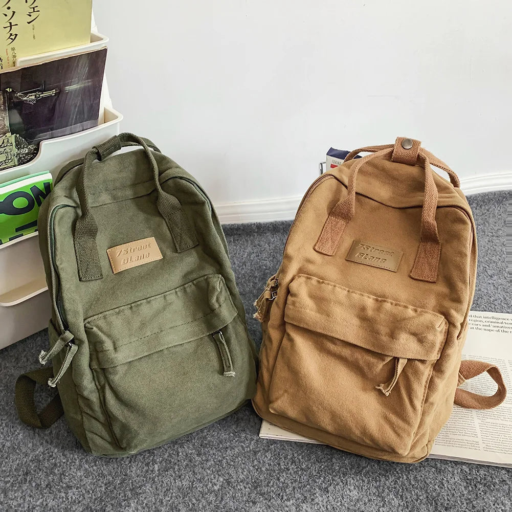 Casual College Students Backpack Cotton Canvas Traveling Commuting Backpacks Large Capacity Solid Color Fashion Knapsack