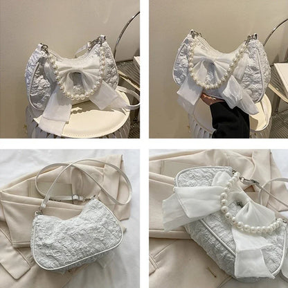 White Pleated Pearl Female Bag Vintage Luxury Designer Handbag Cute Bow Shoulder Bag Fashion Y2K Vintage Women's Purse Versatile
