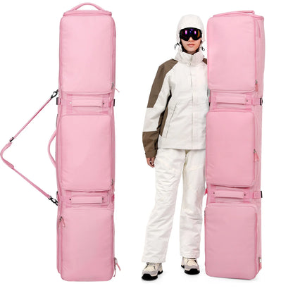 Pink/Black Skiing Bag with Rolling Wheel Padded Polyester Waterproof Portable Board Bag 3 Separation Storage Winter Snow Travels