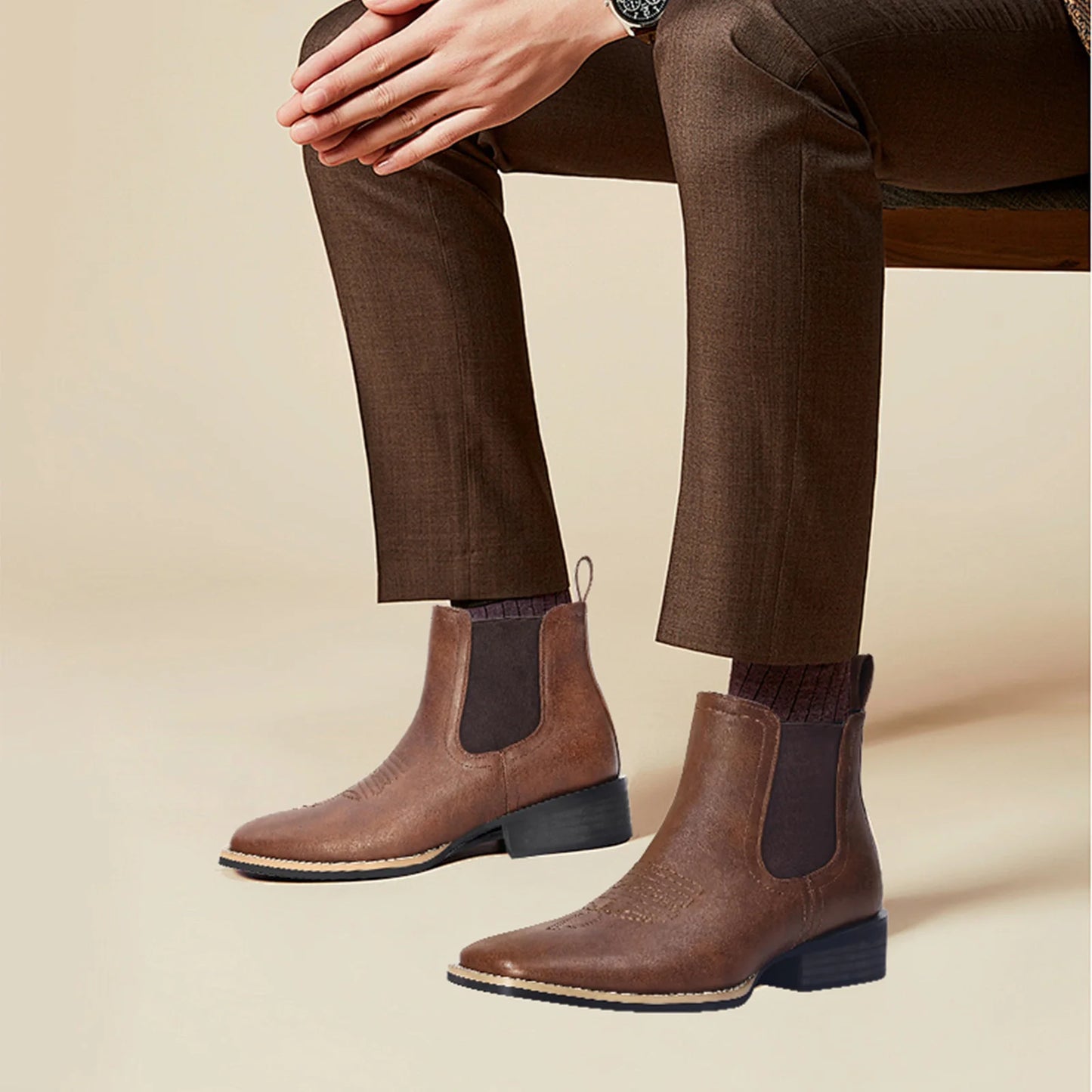 Men's Square Toe Chelsea Boots - Brown Casual Retro Western Cowboy Boots, Ankle Height, Stylish and Comfortable