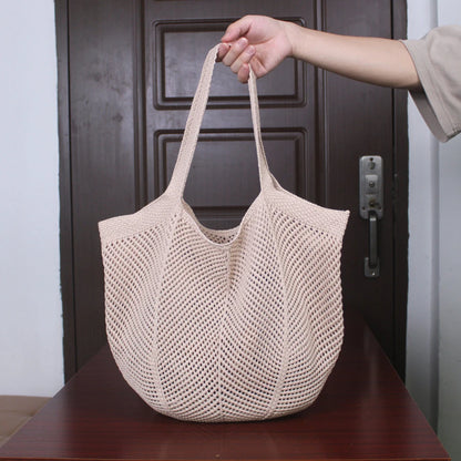 Women Aesthetic Shoulder Bag Solid Color Knitted Tote Handbag Large Capacity Knitting Shopping Handbag Female Outdoor Bag