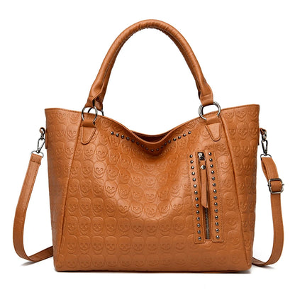Punk Skull Shoulder Bag PU Leather Studded Fashion Handbag Large Capacity Satchel Purse for Women Work Shopping