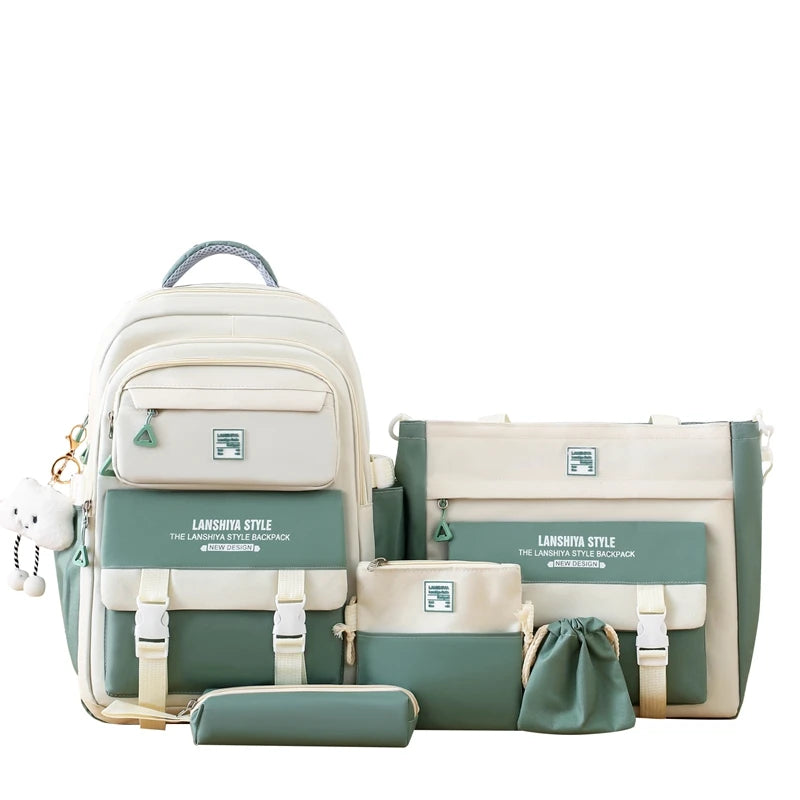 5pcs solid color backpack set, large capacity backpack, simple handbag and coin purse, casual crossbody bag, pencil case handbag