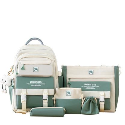 5pcs solid color backpack set, large capacity backpack, simple handbag and coin purse, casual crossbody bag, pencil case handbag