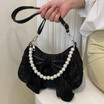 White Pleated Pearl Female Bag Vintage Luxury Designer Handbag Cute Bow Shoulder Bag Fashion Y2K Vintage Women's Purse Versatile