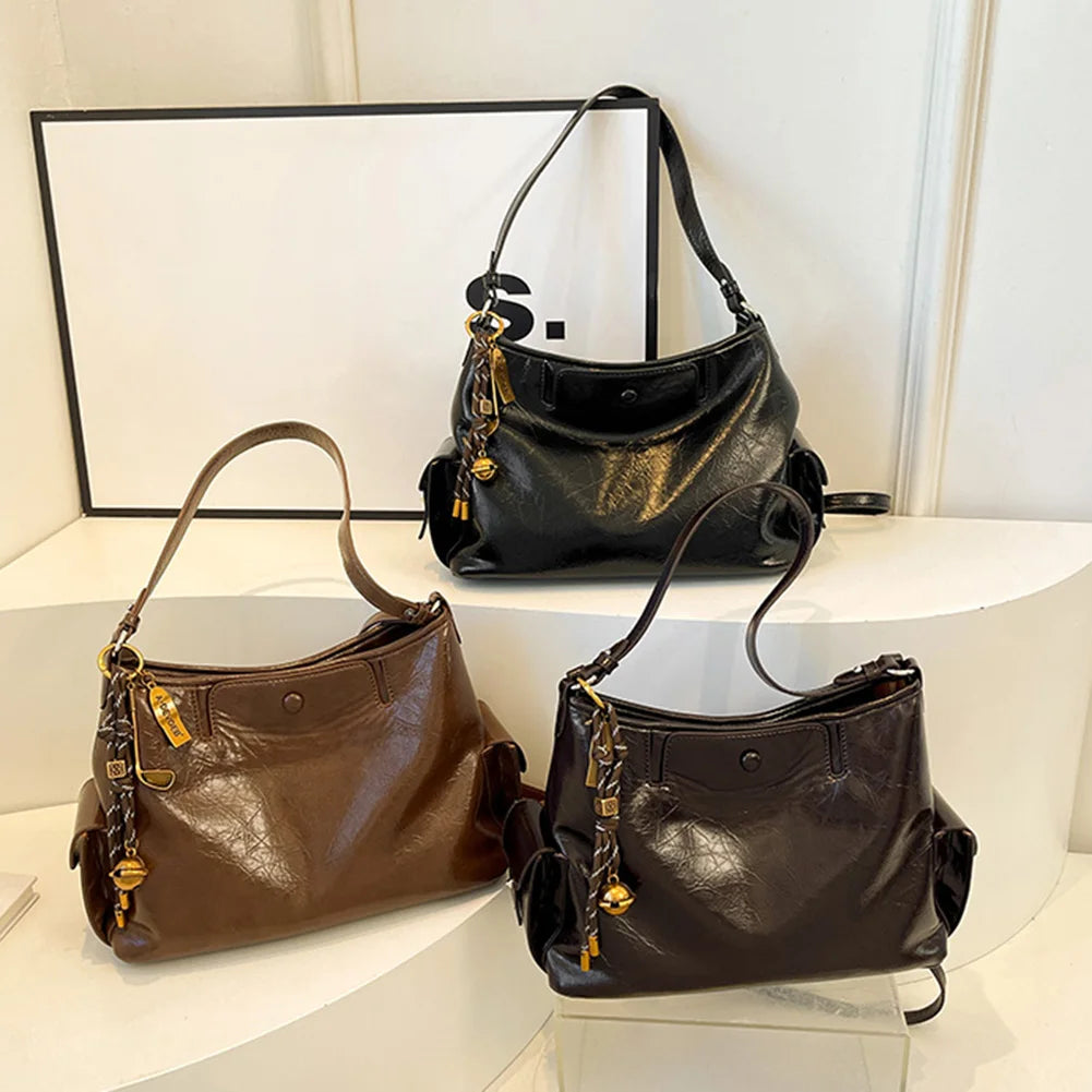 Women Casual Underarm Bag with Pendant Retro Crossbody Bag PU Leather Trendy Tote Bag Travel Shopping Work Date Bag