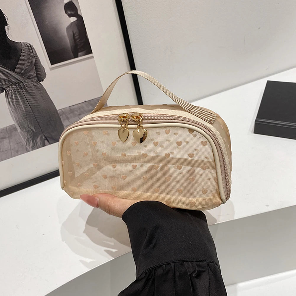 Heart Print Mesh Makeup Bags Zipper Women Mesh Cosmetic Bags Makeup Pouches Bags Items Storage Bags Travel Cosmetic Accessories