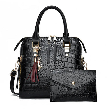 Fashion Crocodile Pattern Tote Bag Set - Large Capacity Soft Leather Women's Handbag with Tassel Charm