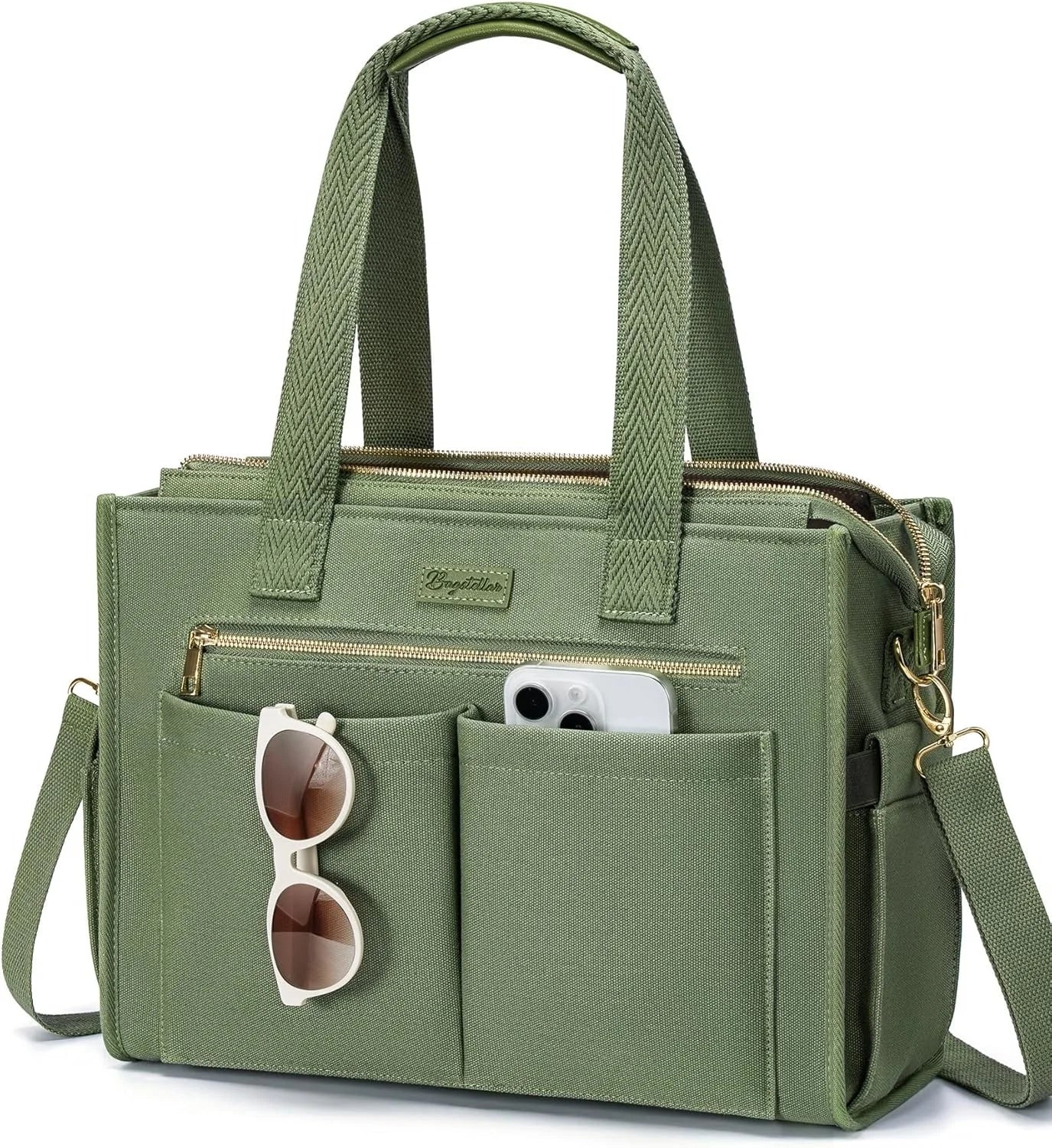 Canvas Tote Bag for Women, 15-Pocket Large Crossbody Handbag Bible Laptop Bag Zipper Bookbag for Teacher Work Travel College