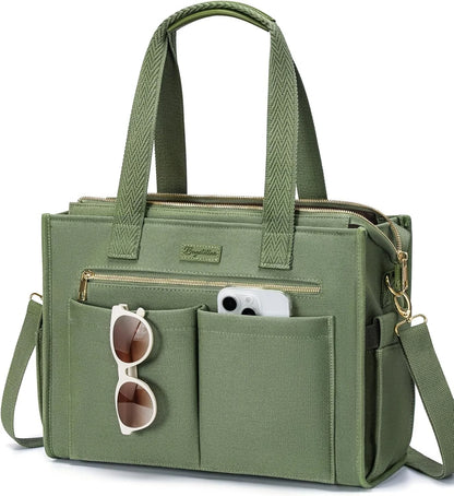 Canvas Tote Bag for Women, 15-Pocket Large Crossbody Handbag Bible Laptop Bag Zipper Bookbag for Teacher Work Travel College