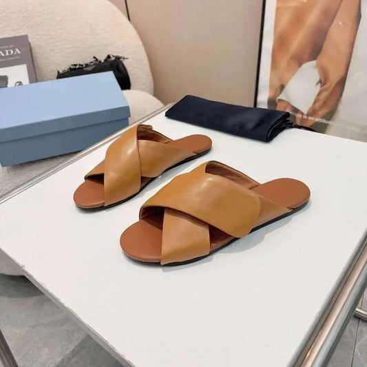 Triangle P New Women Genuine Leather Slippers Summer Beach Slides Leisure Flats Solid Designer Shoes Zapatillas De Mujer Aff