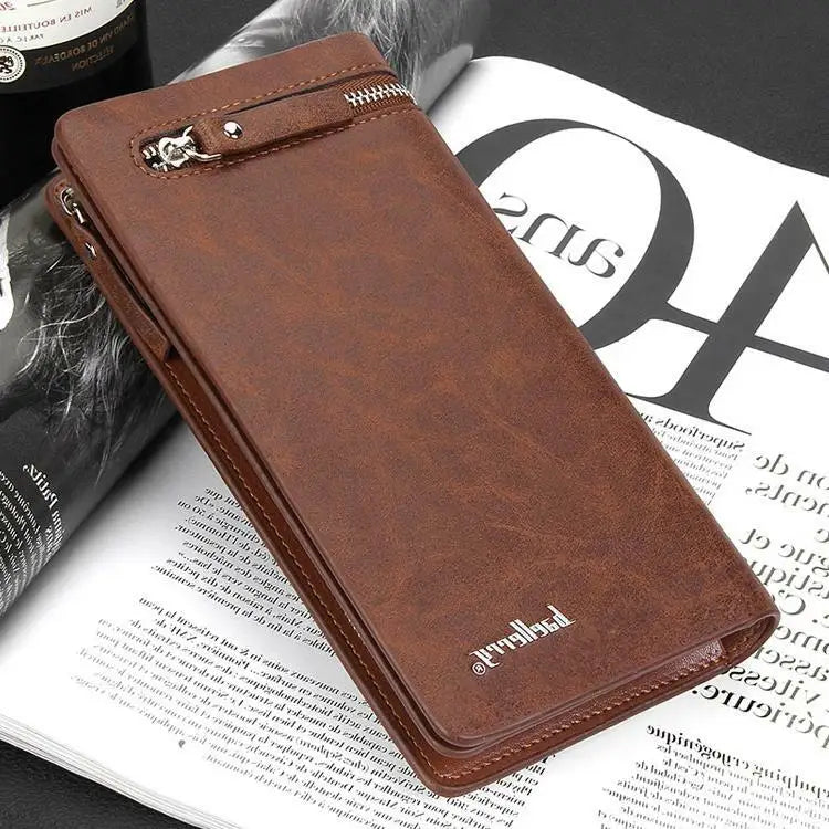 Men's Long Wallet Zipper Around Bifold Purse Simple Business Travel Large Capacity Card Holder Handbag