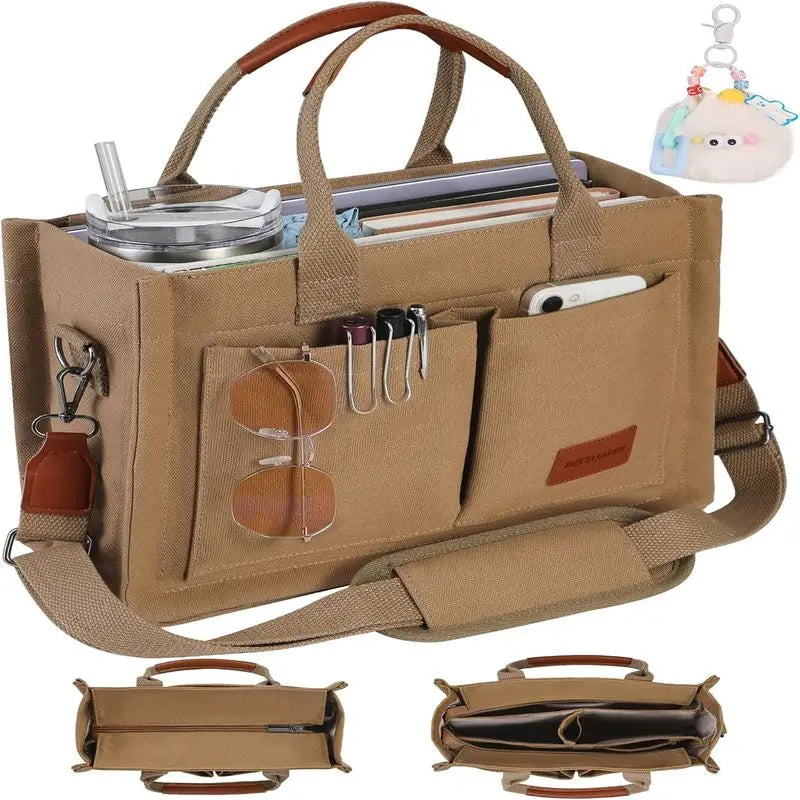 Canvas Tote Bag Purse for Women with Zipper Closure, Individual Compartments & Bottom Support