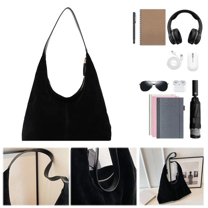 Women Suede Tote Bag with Zipper Shoulder Bag PU Leather Large Capacity Hobo Bag Solid Slouchy Bag Commuter Travel Bag