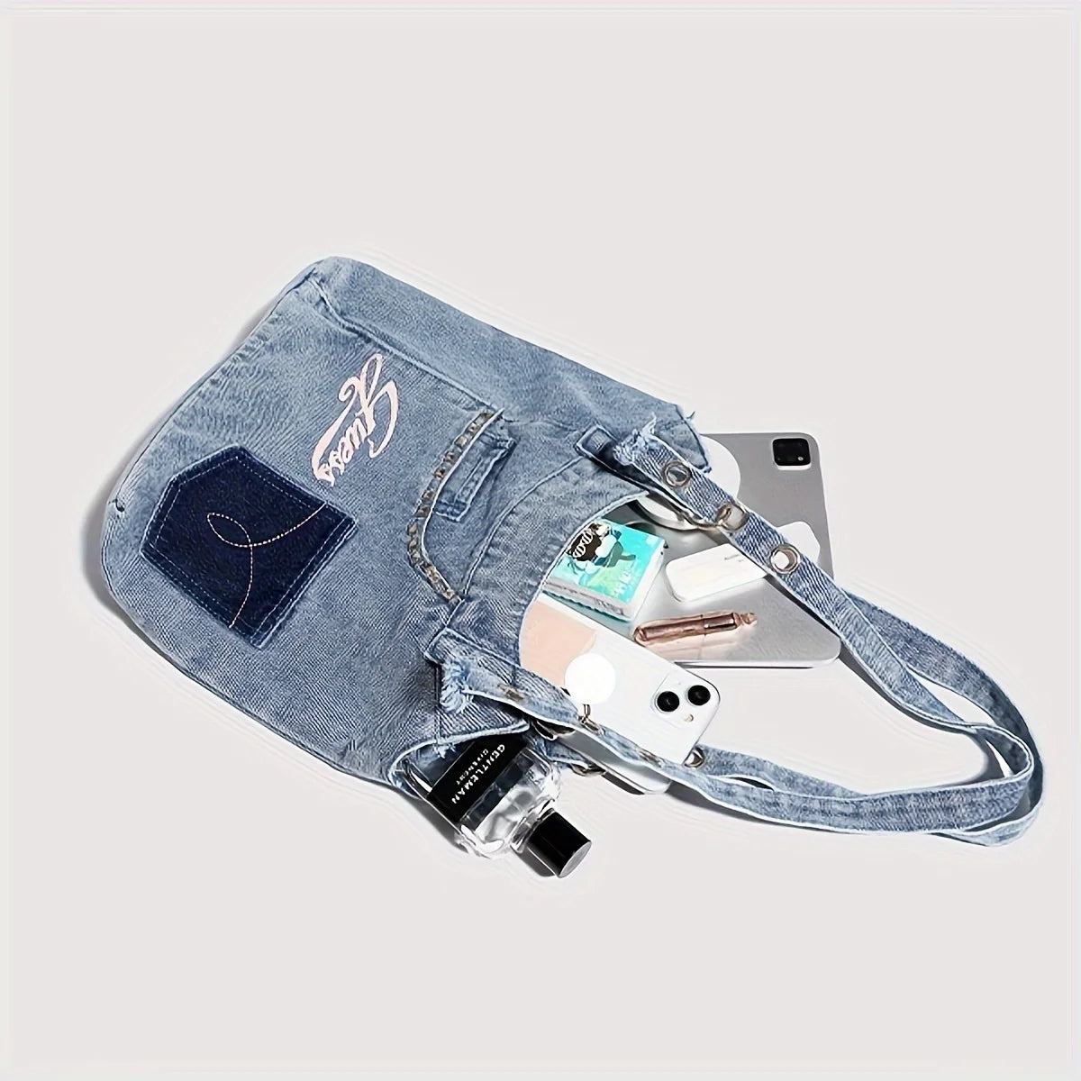 Large Denim Crossbody Bag for Women - Stylish Cowboy Material, Unlined, Buckle Closure, Perfect for Daily Commuter, Work, and Sh