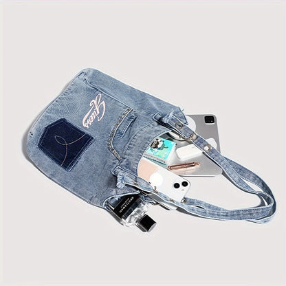 Large Denim Crossbody Bag for Women - Stylish Cowboy Material, Unlined, Buckle Closure, Perfect for Daily Commuter, Work, and Sh