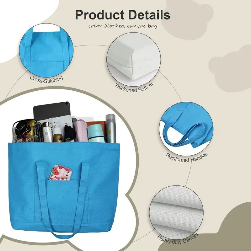 Canvas Tote Bag with External Pocket Extra Large Canvas Tote Bag Heavy Duty Grocery Shopping Bags Weekender Bag