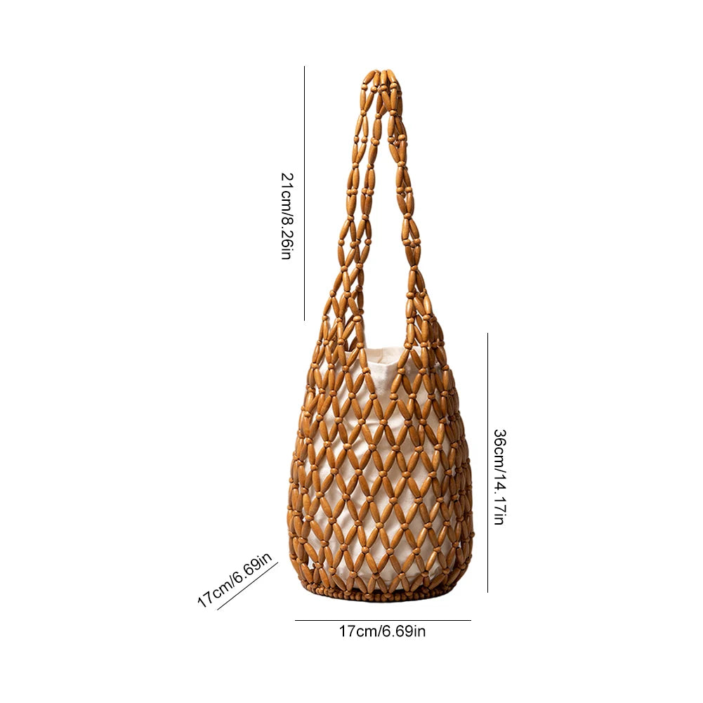 Women Beaded Bag Hollow-out Wooden Bead Tote Bucket Fashion Shoulder Bag Female Beach Handbag Storage Bag for Travels Shopping