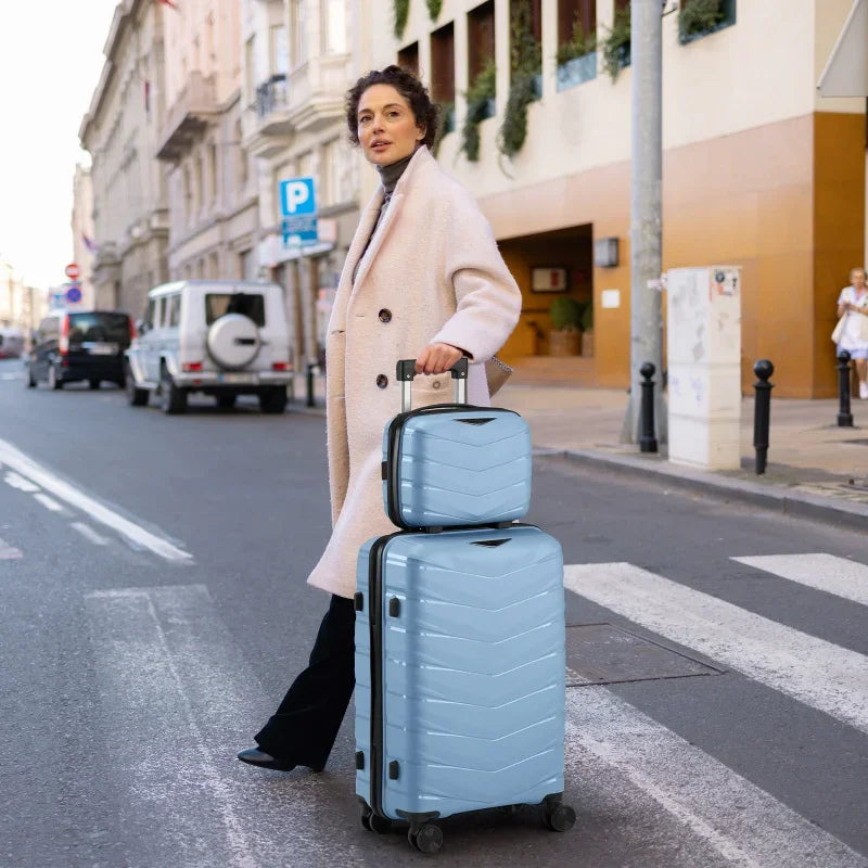 V-shaped stripes 2-piece set with PP handbag PP trolley case 14in 20in PP iron trolley fashionable color - sky blue (grain patte