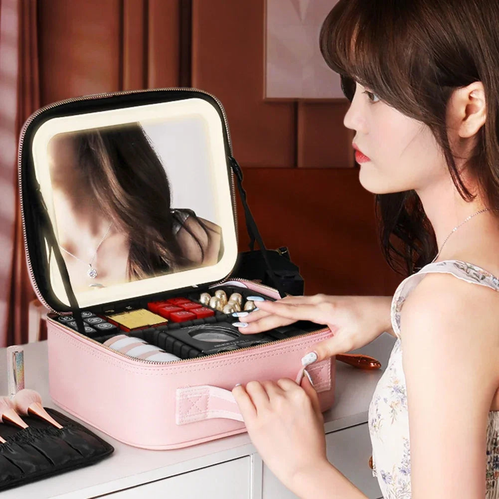 Women Smart LED Cosmetic Case with Mirror Cosmetic Bag Large Capacity Fashion Portable Storage Bag Travel Makeup Bags for ladies