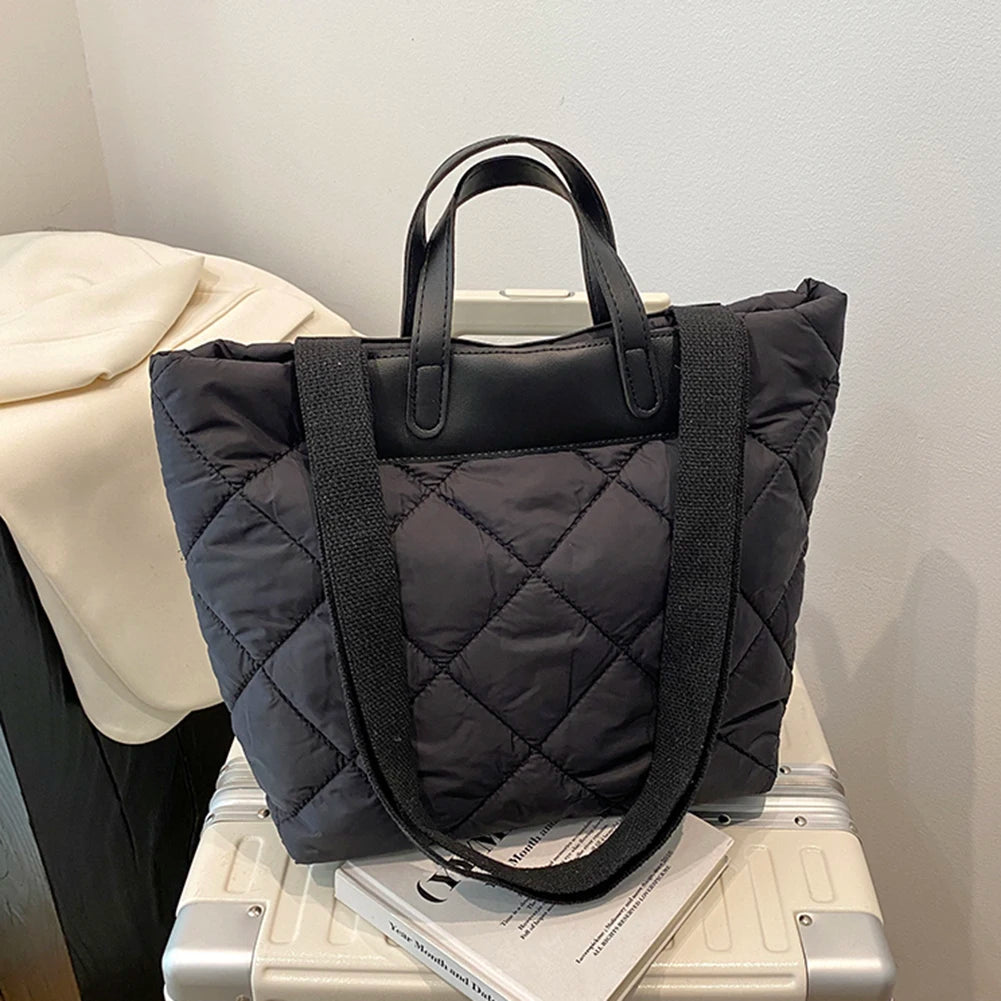 Women Nylon Shoulder Bag Quilted Large Purse with Inner Pocket Solid Color Satchel Bag for Work Travel