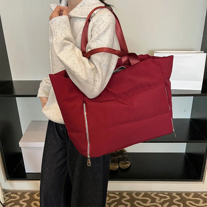 Women Quilted Shoulder Bag Large Capacity Puffer Tote Handbag Solid Color Casual Padded Bag Ladies Commute Bag