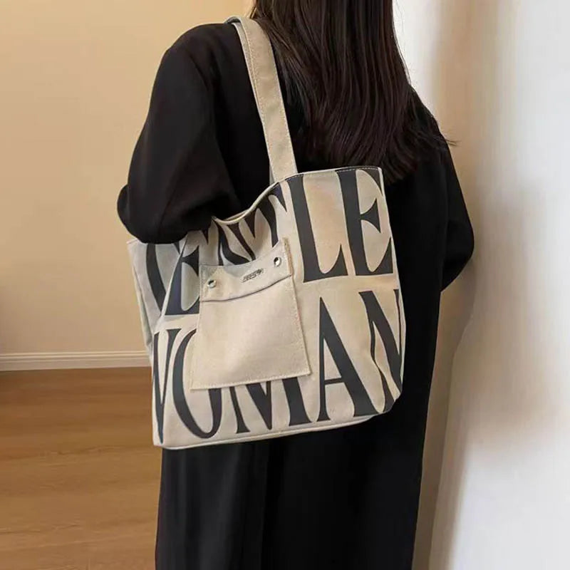 New Large capacity Single Shoulder Canvas Bag Stylish Letter Style Student Install books Handbag for Class, Fashion Shopping Bag
