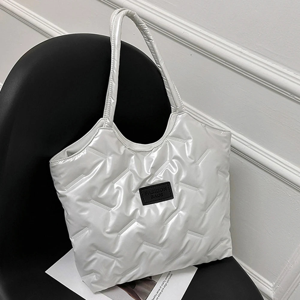 Women Solid Puffer Bag Versatile Quilted Shoulder Bag Big Capacity Down Tote Handbags Casual Winter Shopper Bag